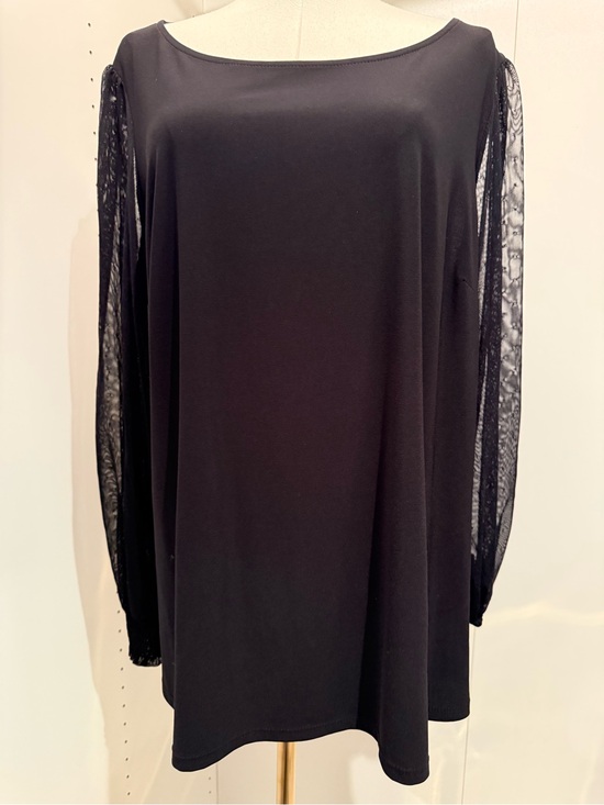 Laura Tops - Black Boatneck Blouse with Sheer Lace Sleeves